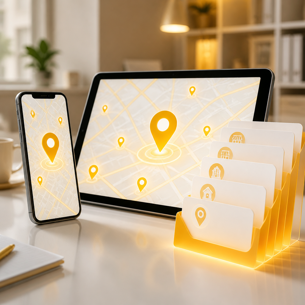 A modern desktop scene with a smartphone and directory folders suggesting local SEO, featuring glowing map pins and blurred, text-free cards in a warm amber and near-white palette.