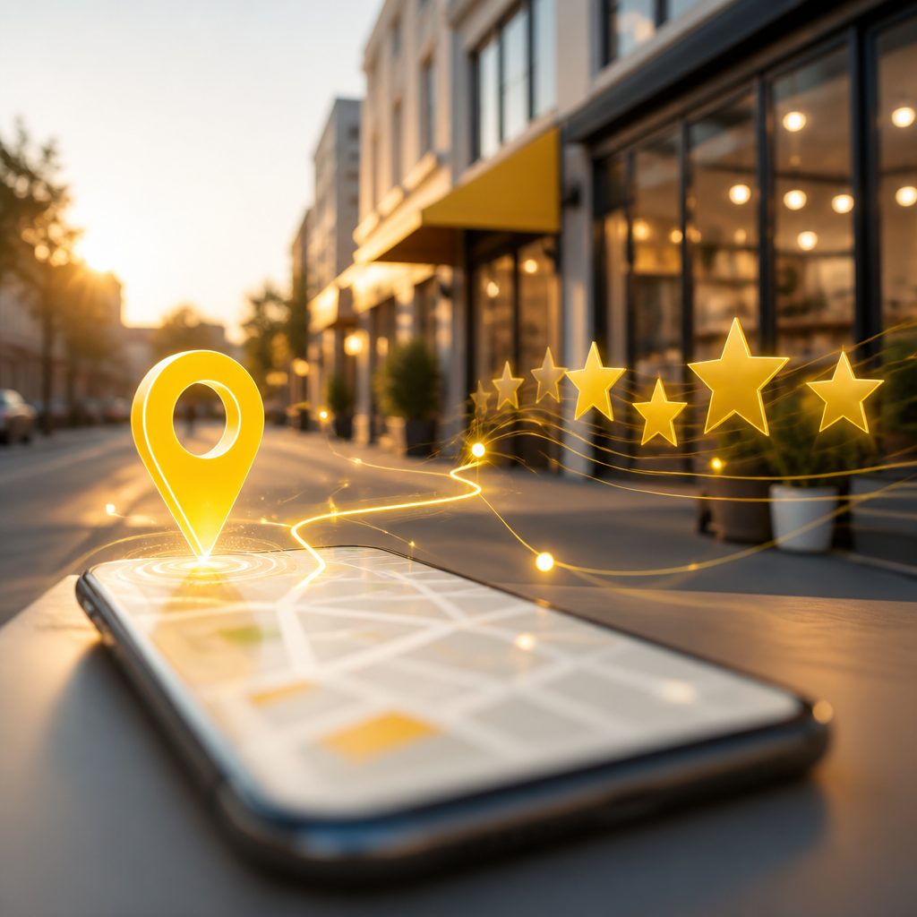 A golden-hour street scene with an abstract location pin and blurred smartphone interface suggesting local business profile signals in brand gold.