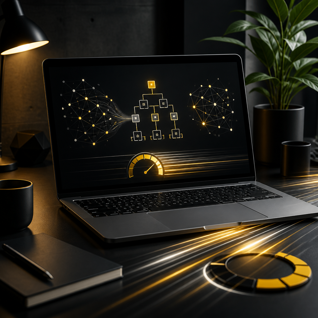 A dark-neutral editorial scene with a laptop and abstract connected-node diagram suggesting crawlability, schema structure, and internal linking in brand gold accents.