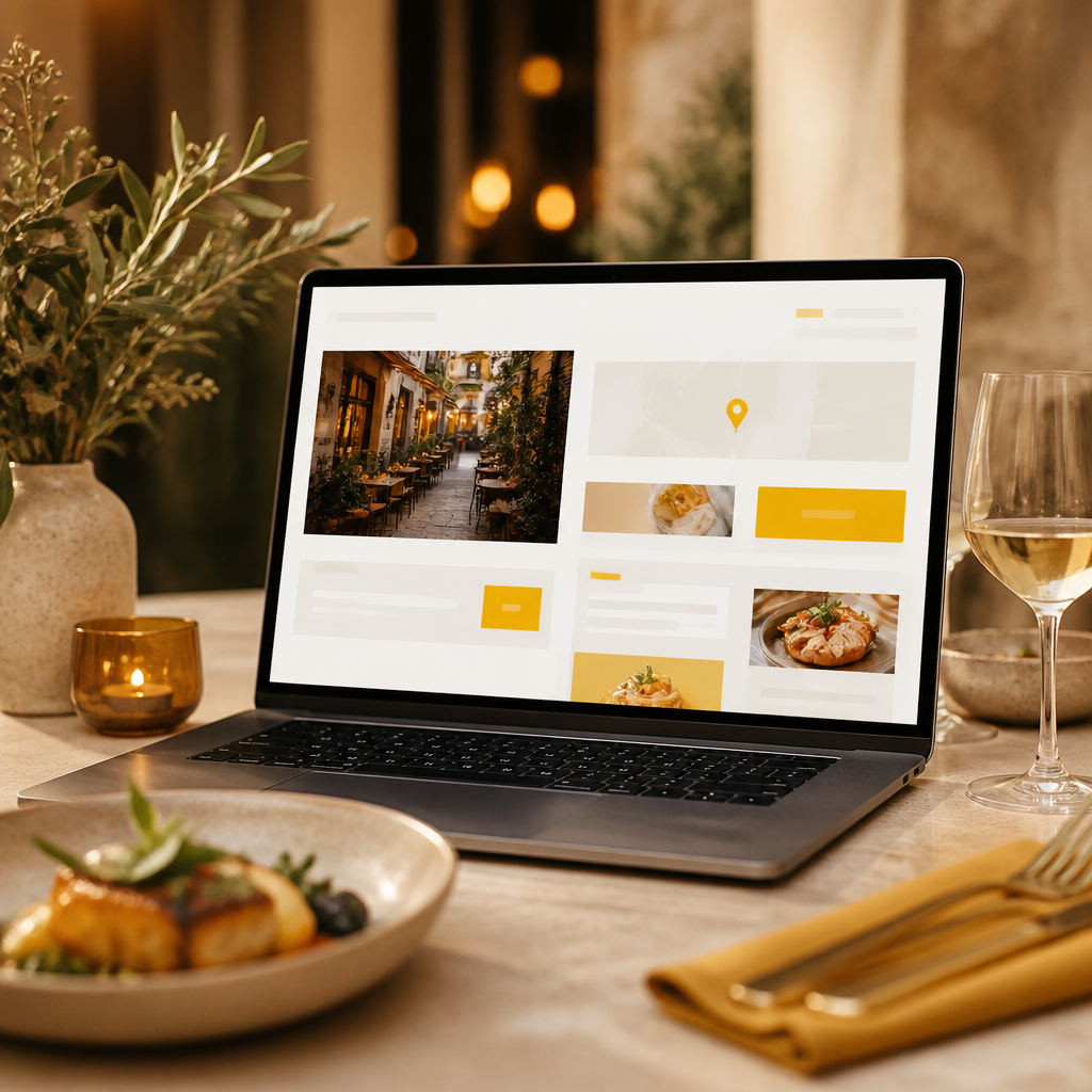 A premium laptop-and-table scene with blurred website layout blocks representing location pages and menu offerings in warm gold and near-white tones.