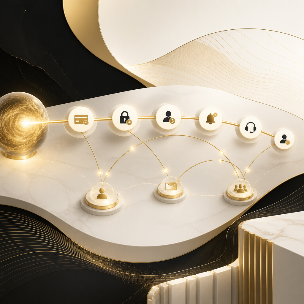 Abstract automation workflow with connected nodes, timeline arcs, and notification-like shapes in gold and off-white tones representing billing-driven access, profile syncing, alerts, and onboarding progress without readable text.