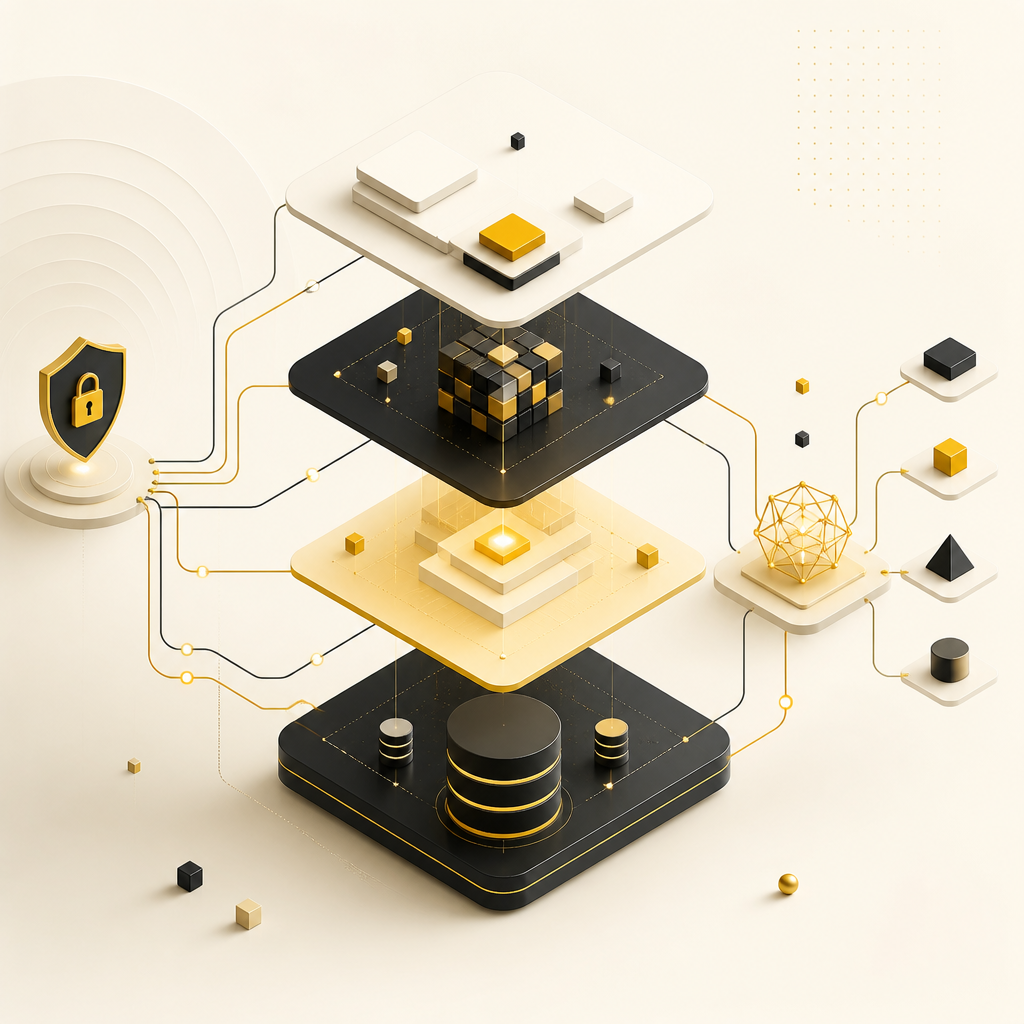 Abstract full-stack architecture layers connected by flowing lines in gold-accented off-white tones, representing front-end, back-end, database, and API integration without any readable labels.