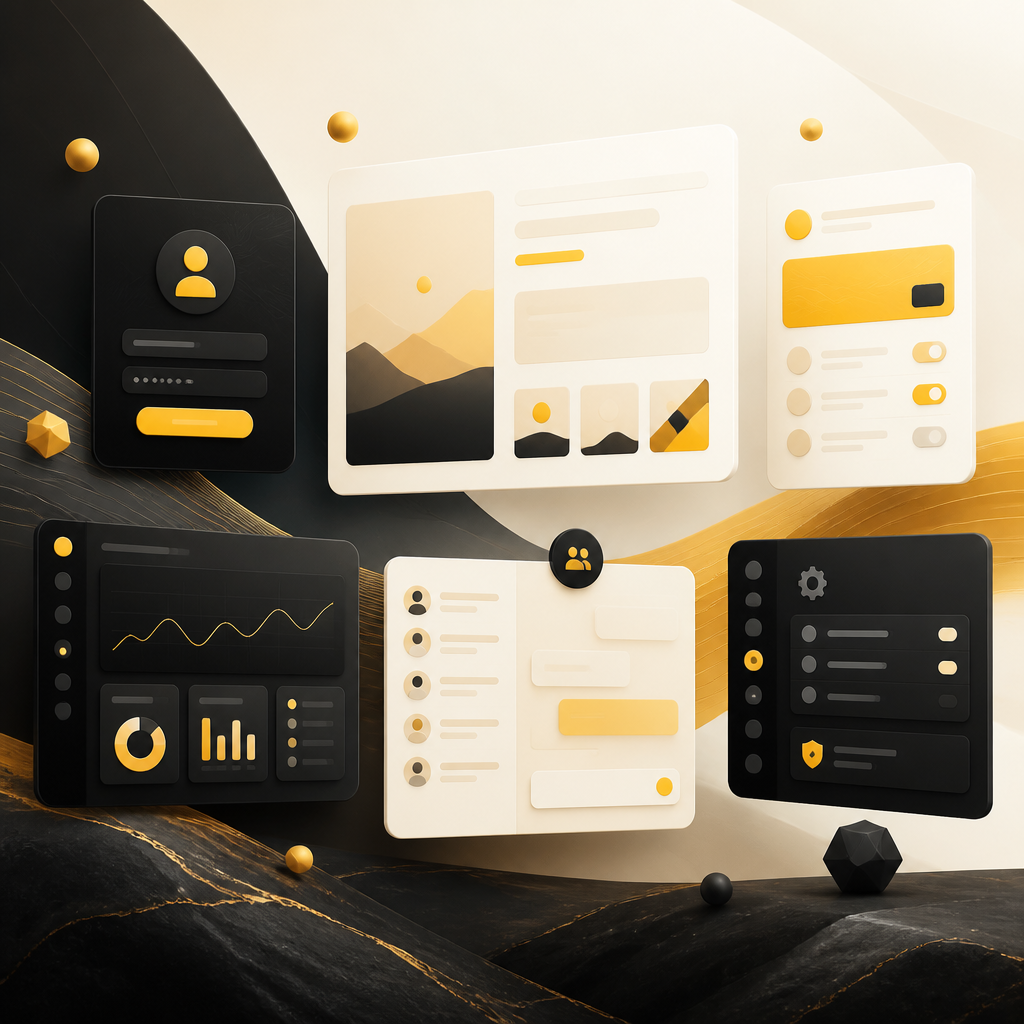 Abstract modular portal panels in warm gold and off-white tones representing secure authentication, protected content, subscription billing, dashboards, community features, and admin management without any readable text.