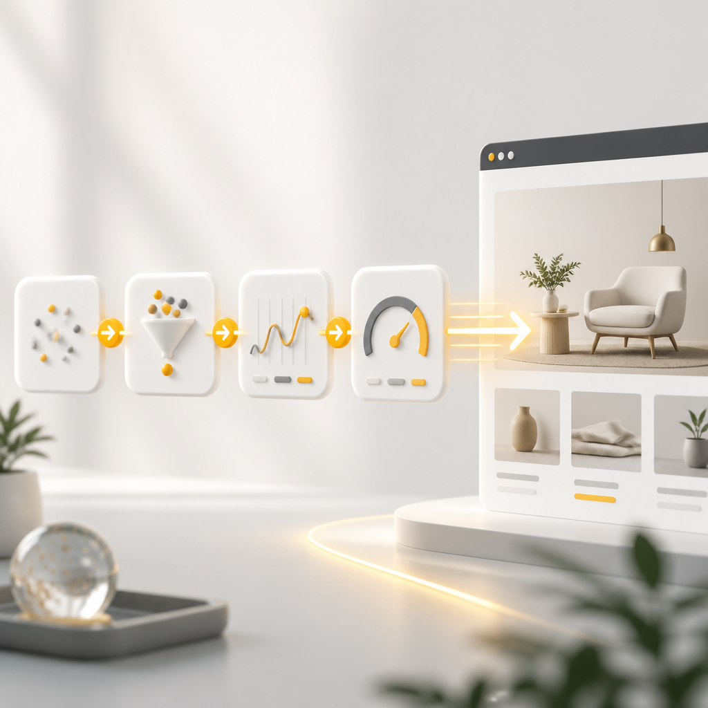 A connected series of rounded tiles forming a step-by-step optimization path that leads into a polished webpage preview, highlighted with warm yellow accents.