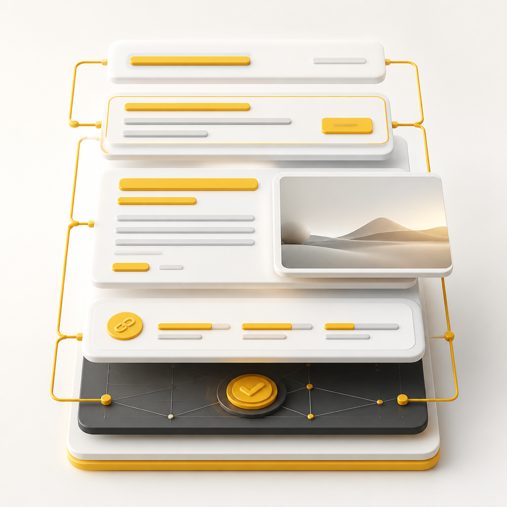A layered diagram of webpage structure blocks with warm yellow accents, representing titles, headings, media, internal links, and indexing readiness.