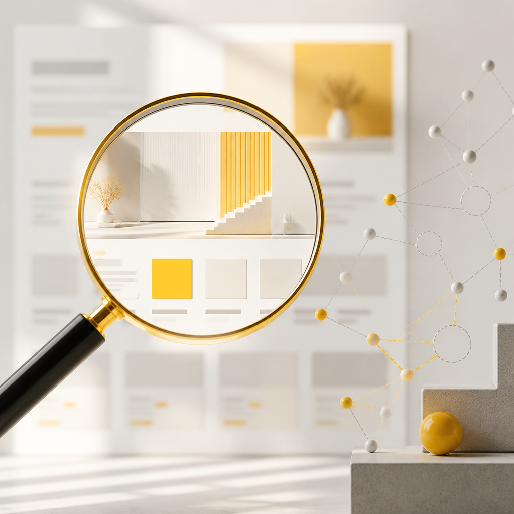 A magnifying glass over a clean webpage mockup with faint disconnected connection lines, suggesting missing clarity and structure signals in on-page SEO.