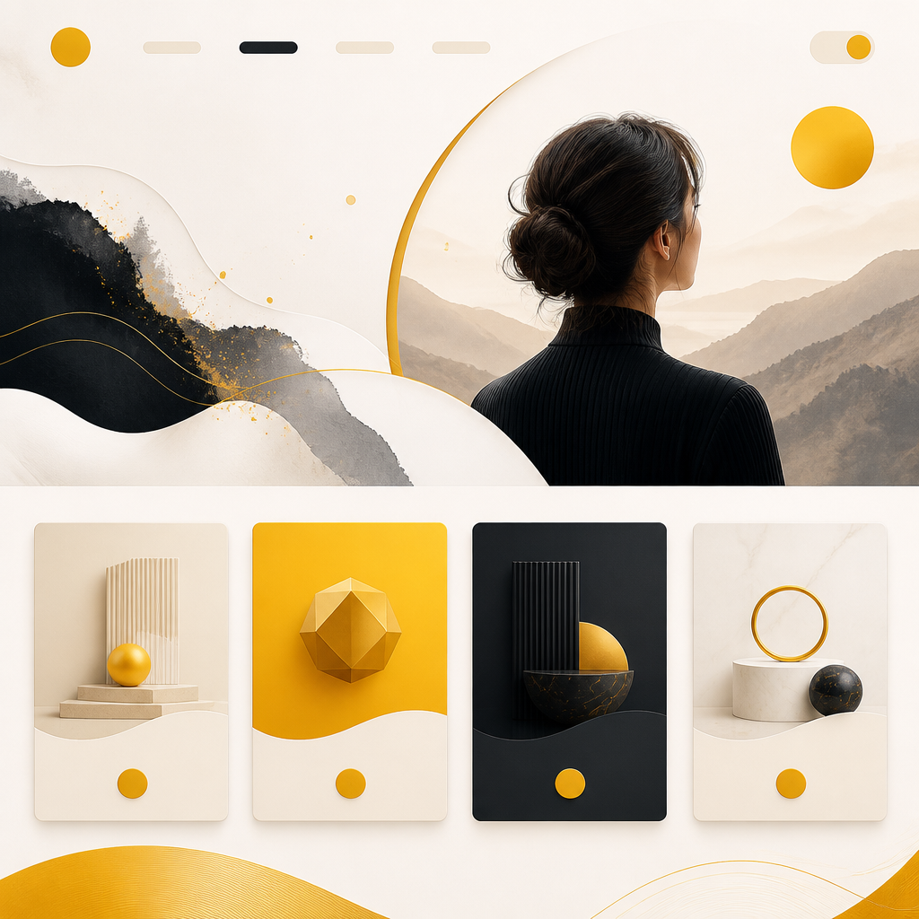 A premium editorial course website layout with warm gold-accent blocks, navigation-like shapes, and structured content cards on a near-white background.
