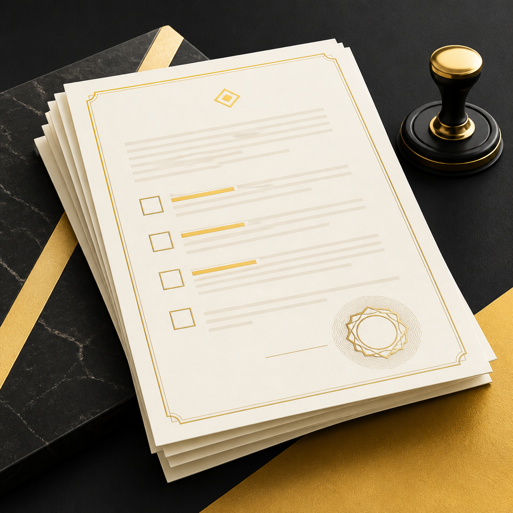 Abstract stack of contract pages with gold-accent highlights and checkbox-like shapes on warm near-white paper tones.