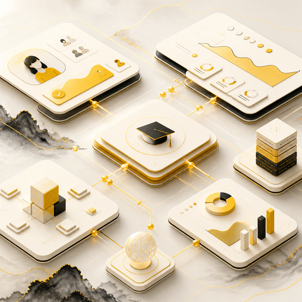 Abstract interconnected education platform panels showing enrollment, progress, and admin modules with gold-accent connection lines on a warm near-white background.