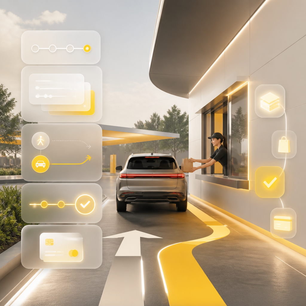 Modern drive-thru scene with abstract glowing interface panels symbolizing an instant, step-by-step ordering experience without readable text