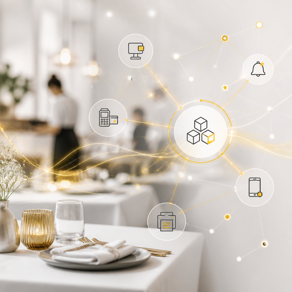 Abstract interconnected system diagram over a subtle restaurant context, symbolizing automated integrations for bookings, payments, notifications, and analytics without readable text