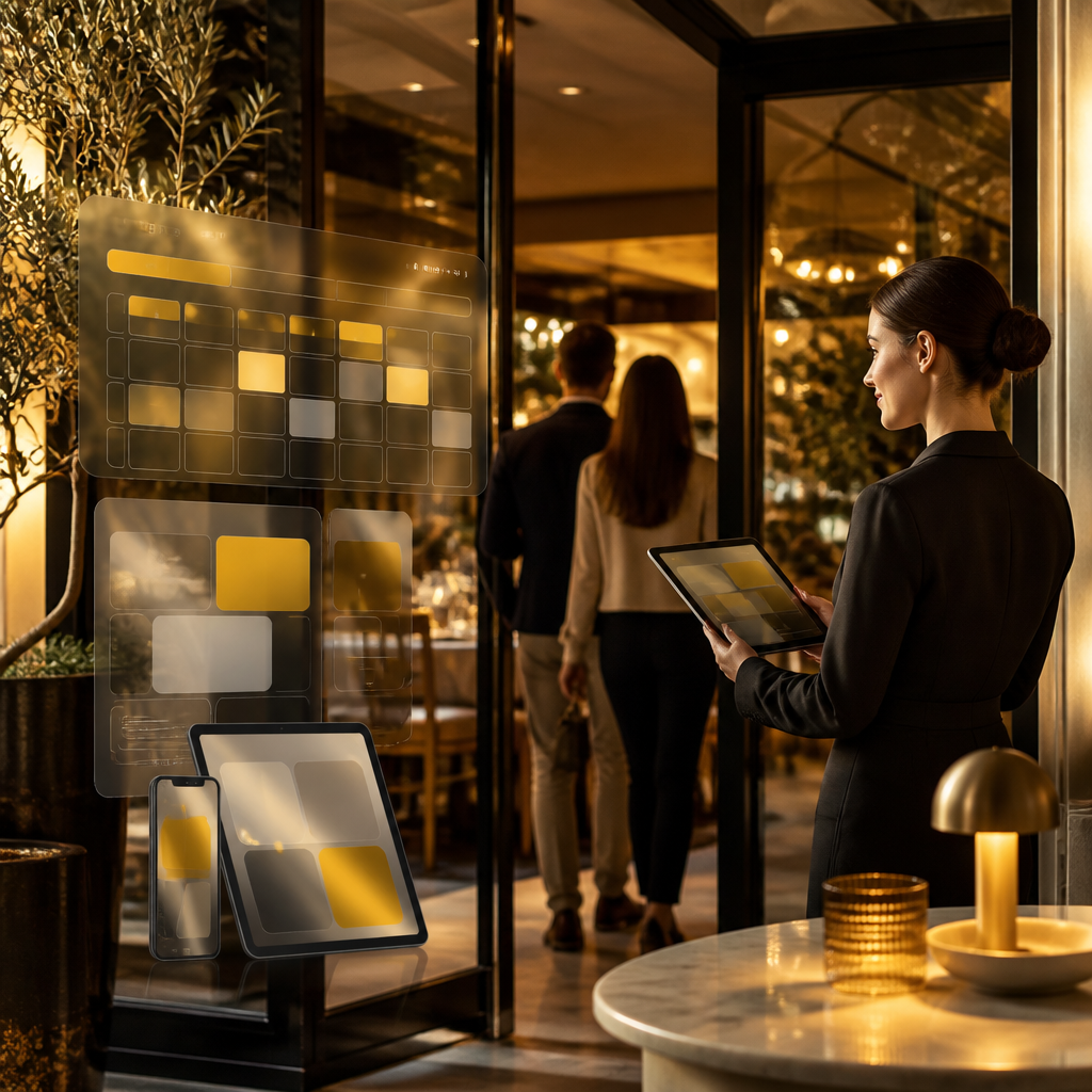 Warm-lit restaurant entrance scene symbolizing instant online booking and smoother ordering workflows, with abstract mobile-glow reflections and golden accent tones