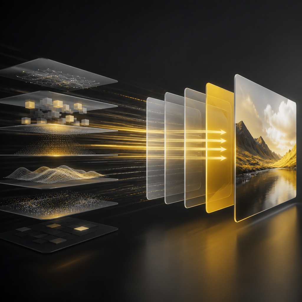 Editorial abstract visualization of caching, asset optimization, and fast rendering layers using SHAKIR ANSARI brand yellow with warm neutrals and dark contrast.