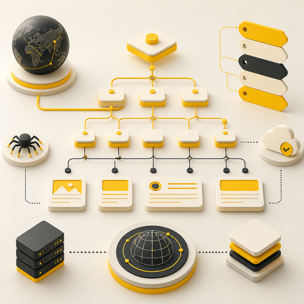 Abstract editorial diagram showing clean routing paths, sitemap-style nodes, and metadata tokens in SHAKIR ANSARI brand yellow and warm neutrals.
