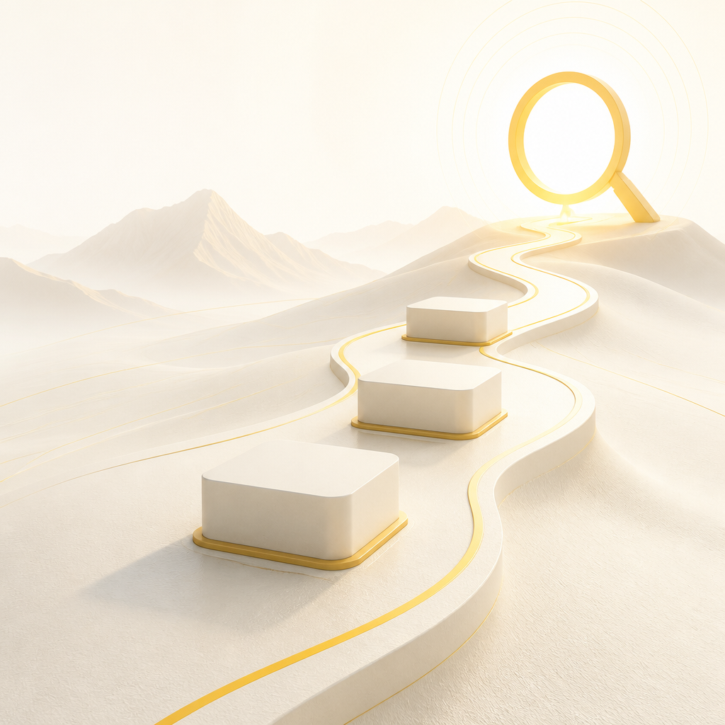 Editorial roadmap illustration with a winding path and empty milestone blocks highlighted in warm gold on a clean near-white background.
