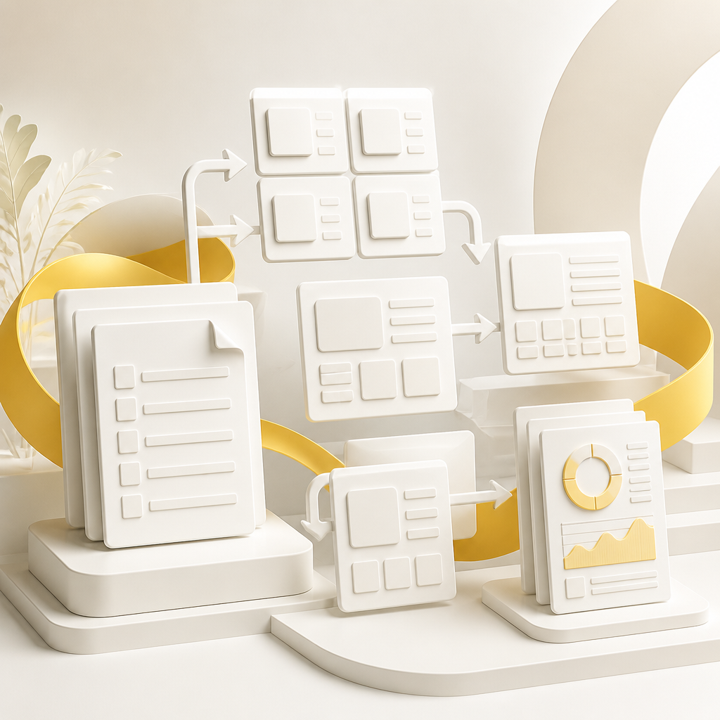 Premium editorial workflow image showing layered blank delivery tiles and connector arrows in warm gold and near-white tones.