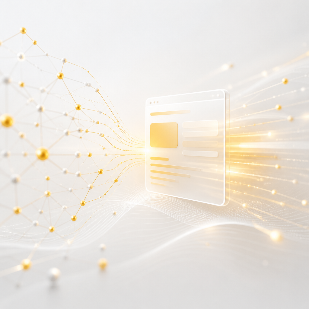 Abstract editorial visualization of connected website paths and glowing technical SEO nodes on a warm near-white background.