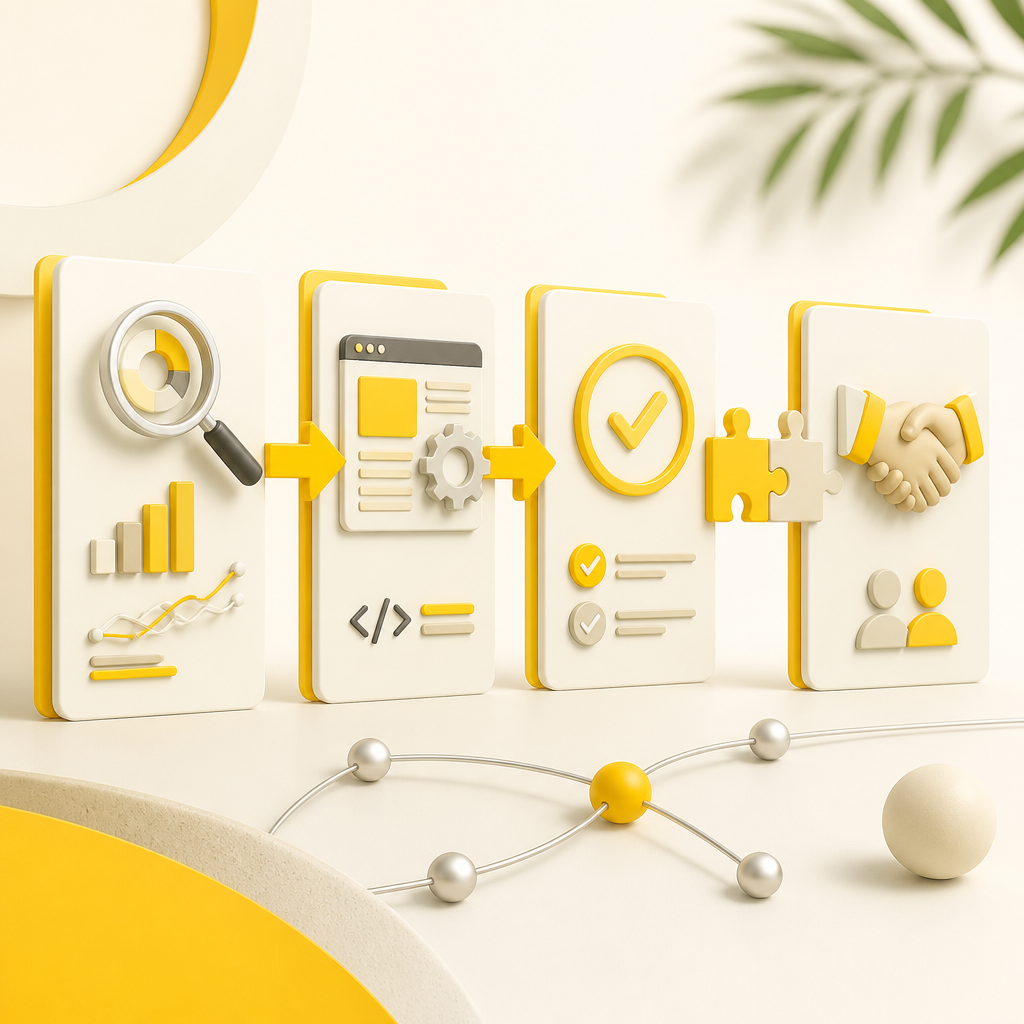 An abstract end-to-end technical SEO workflow visual showing connected workflow cards and verification steps in warm editorial brand colors.
