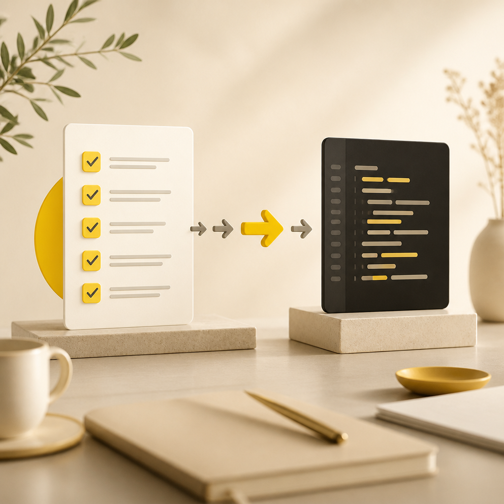 A clean desk concept illustrating a structured implementation-ready SEO change request with checkboxes and connecting arrows, styled in warm editorial brand colors.