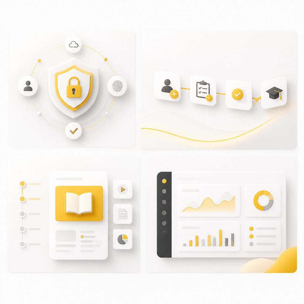 A premium wide website layout depicting core LMS platform features—secure access, enrollment flow, learning modules, and admin operations—represented with abstract non-text UI cards and warm #FAC50C accents.