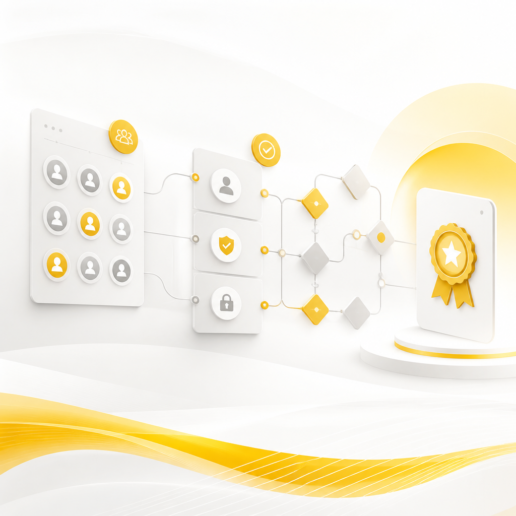 A premium wide editorial website layout visualizing custom learning workflows with cohort scheduling, approval gates, rule-based access paths, and certificate logic as abstract connected nodes in warm #FAC50C tones, without any readable text.