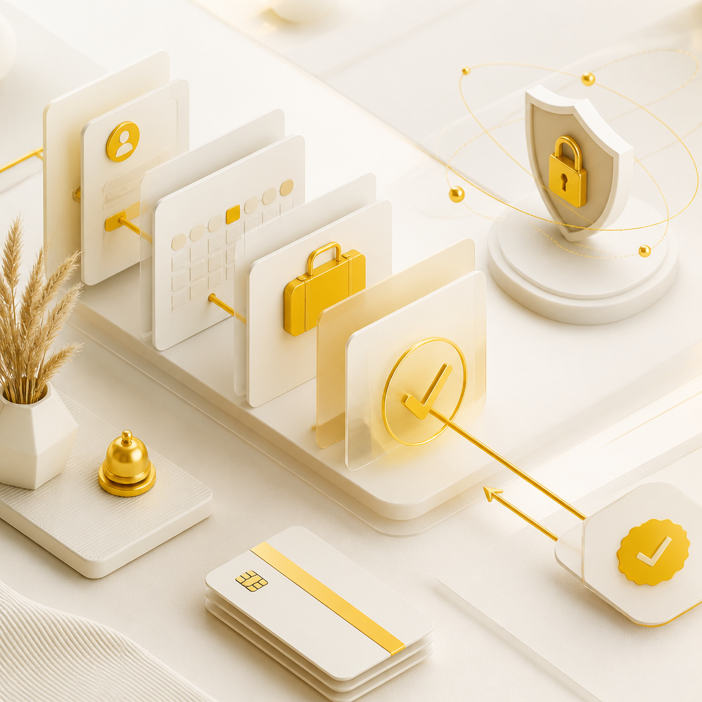 A premium editorial scene representing end-to-end booking and payment integration using abstract reservation flow cards and secure transaction symbols in gold and near-white tones.