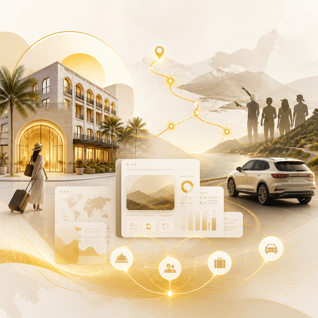 A panoramic premium editorial scene showing multiple connected travel business use-case elements like hotel, tour route, and rental vehicle silhouettes unified by glowing integration links in gold and near-white tones.