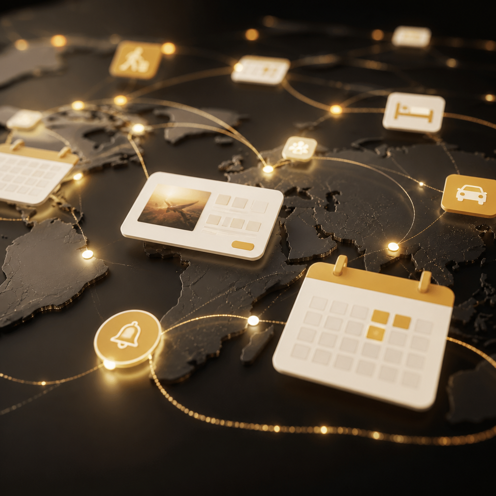 A premium editorial scene showing interconnected travel planning elements like calendar tiles, reservation cards, and notification icons linked by glowing network lines in gold and near-white tones.