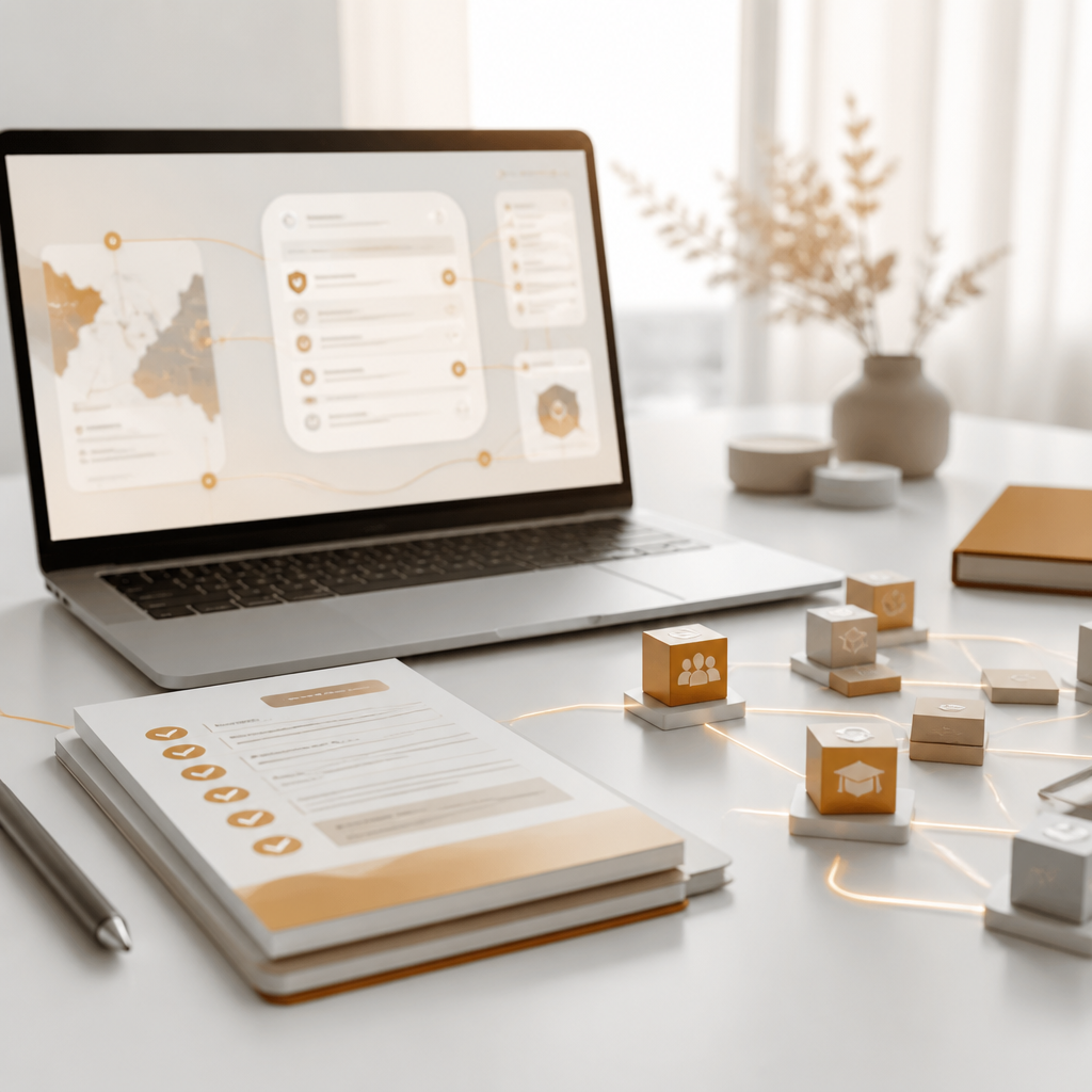 A modern editorial scene showing abstract flow maps and connected modular elements representing volunteer onboarding, events, and secure portal workflows.