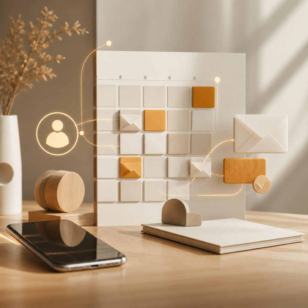 An editorial scene of abstract envelopes and an event calendar concept near a smartphone, using warm amber and near-white tones with no readable text.
