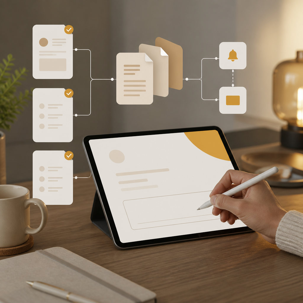 A modern onboarding workflow concept showing abstract documents, a digital signature area, and connecting lines in a warm amber and near-white editorial style.