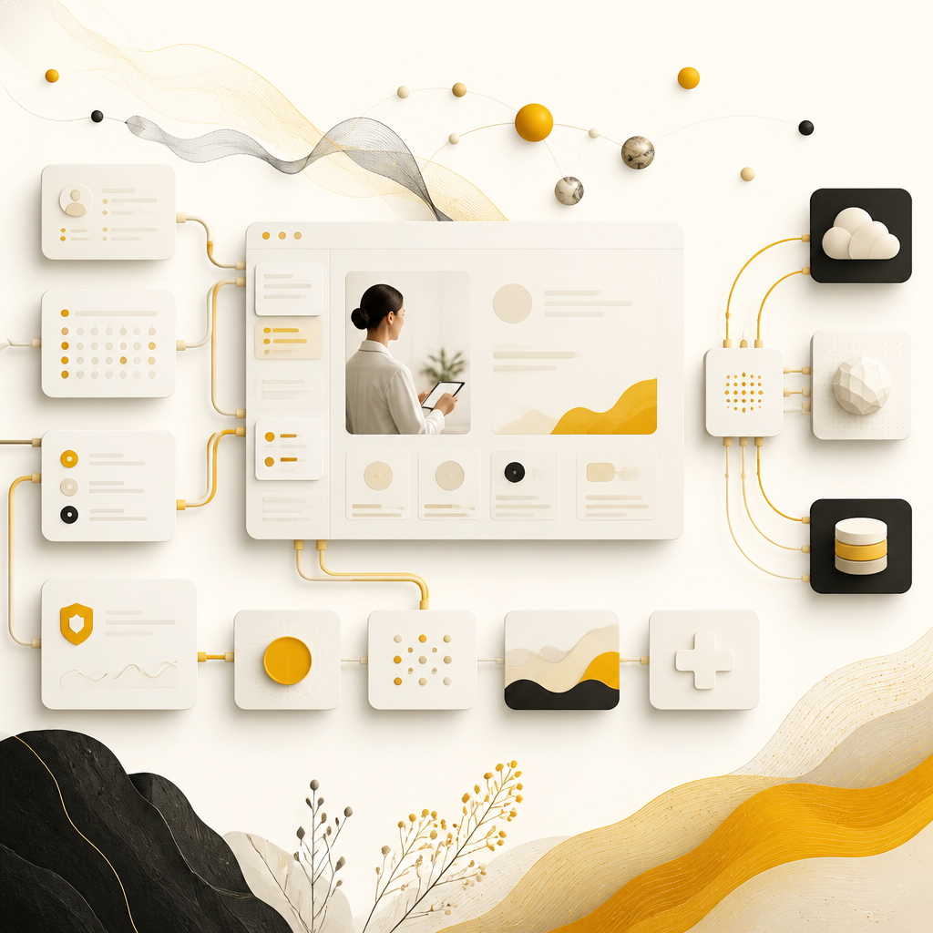 A premium editorial web design composition with modular components connected by abstract integration pathways in warm amber and near-white tones.