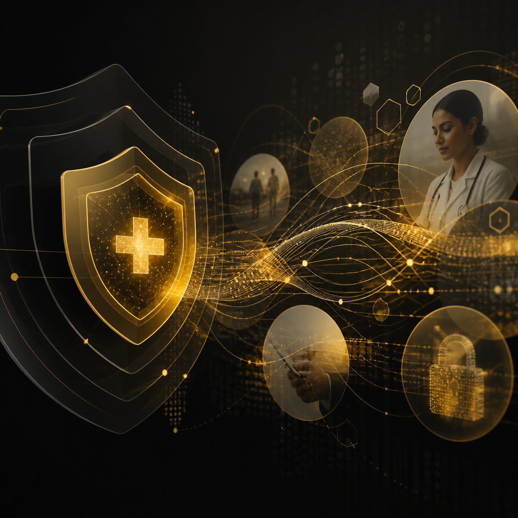 A secure healthcare data protection composition with layered shield motifs and abstract encrypted data flow in deep charcoal and amber.