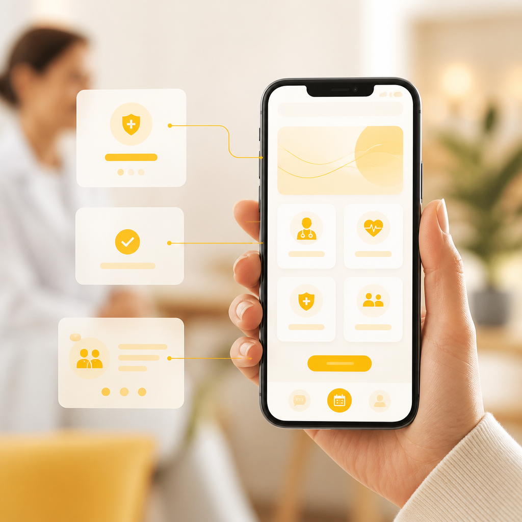 A mobile-first healthcare website layout on a smartphone with clean service cards and trust-focused visual cues in warm amber tones.