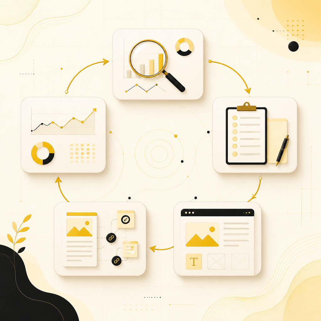 Premium editorial workflow visual with interconnected unlabeled cards showing an iterative SEO loop across multiple stages.