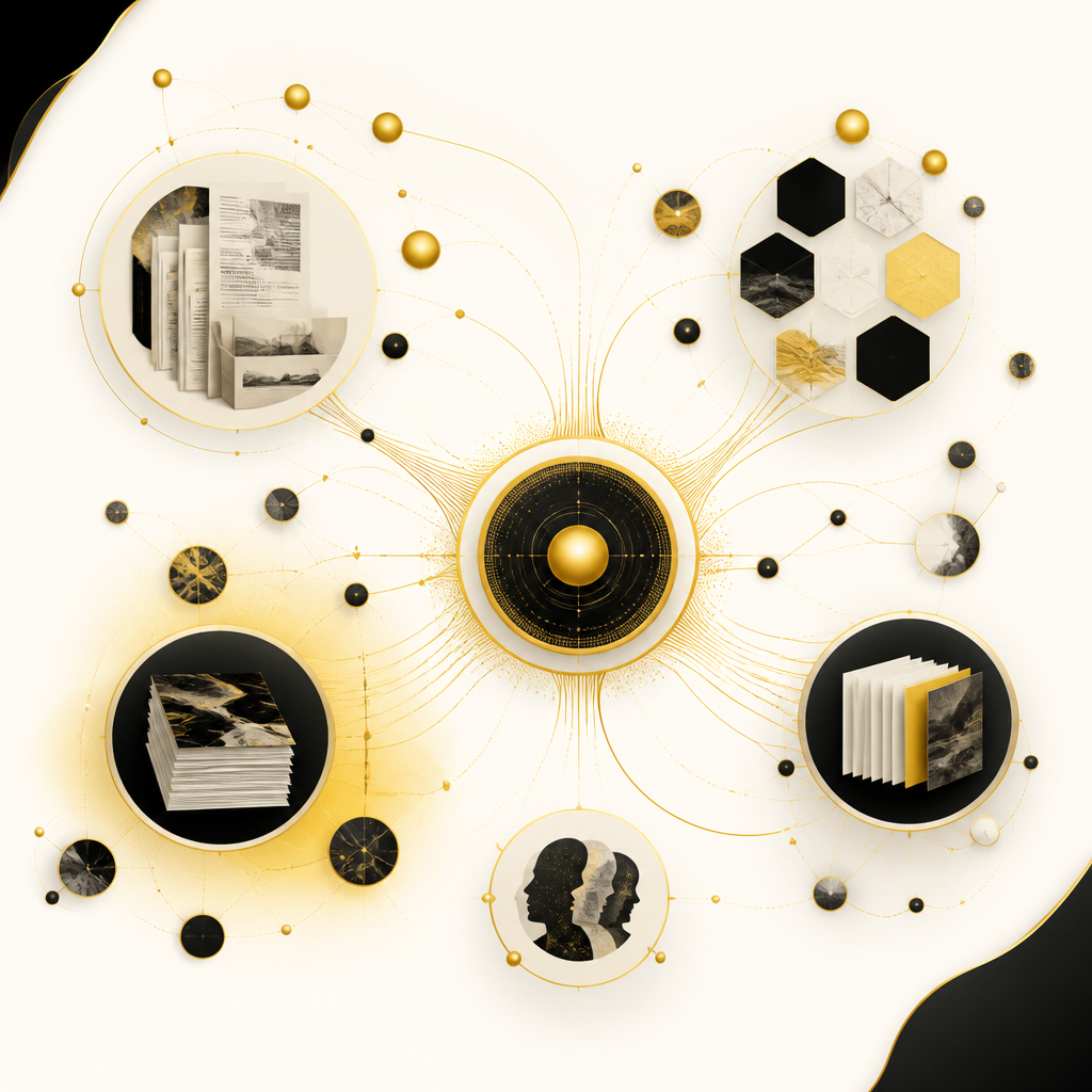 Abstract editorial diagram showing interconnected publisher content areas with gold-accent crawl paths and an indexation hub.