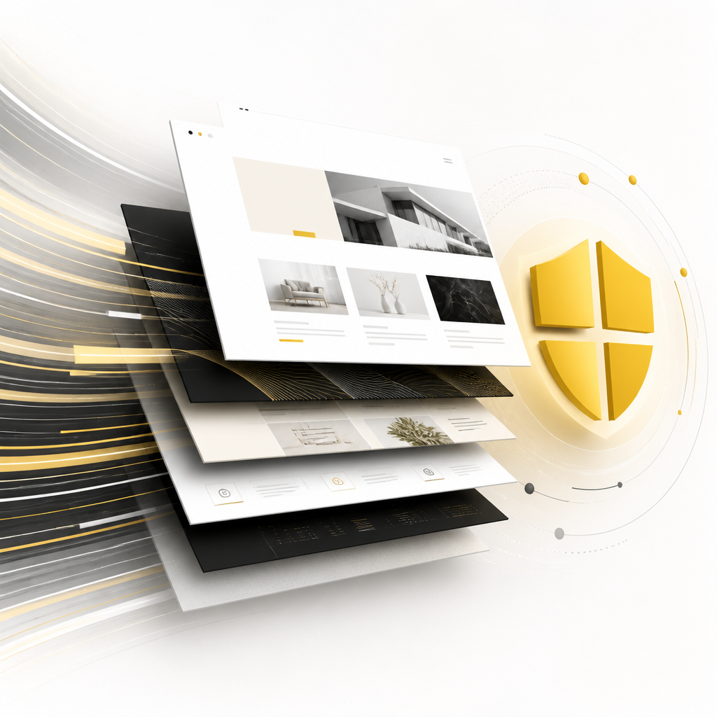 Editorial visual metaphor of modular website templates with gold accents suggesting performance improvements and security stability.