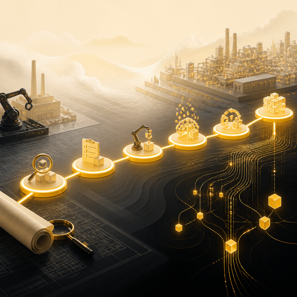 Roadmap-style composition with connected luminous nodes over a blueprint-like surface, using gold and near-white brand colors.