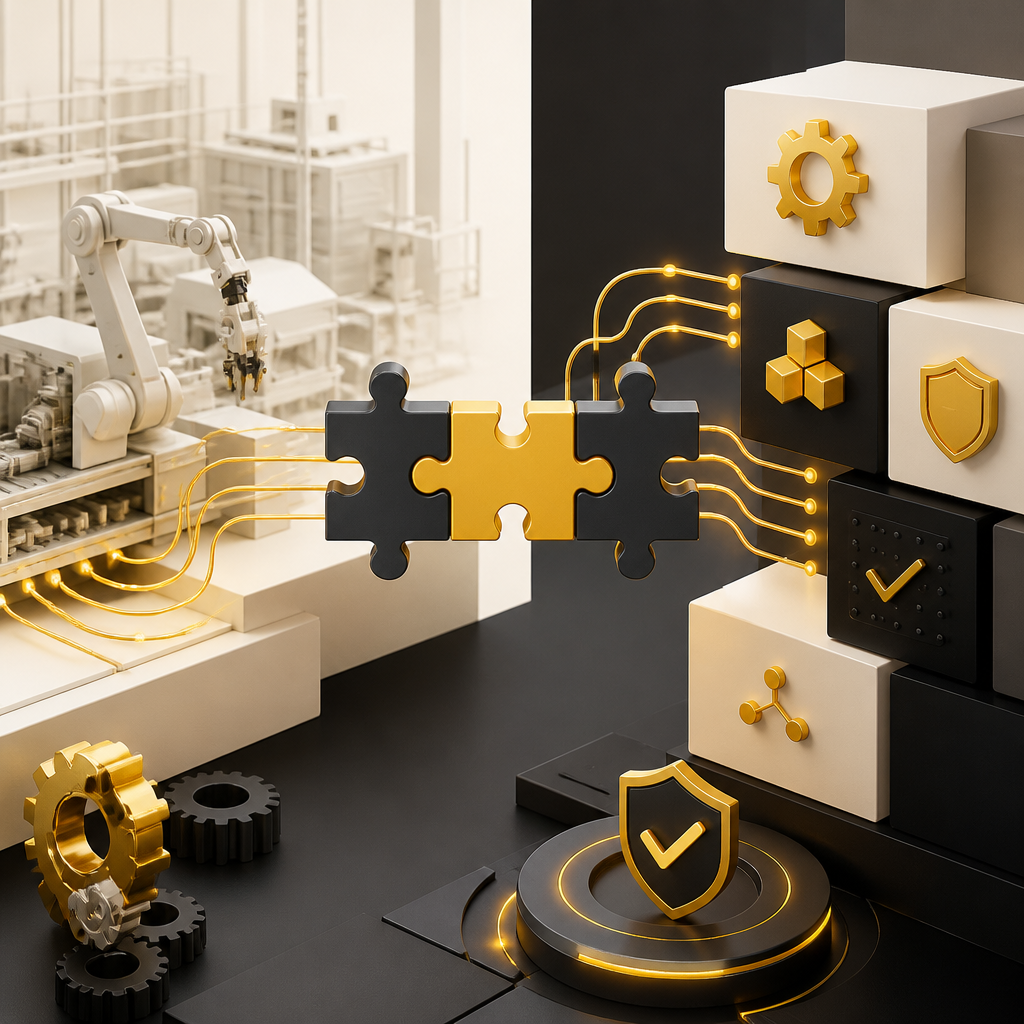 Abstract integration workspace with connected system components and manufacturing cues in gold and near-white tones.
