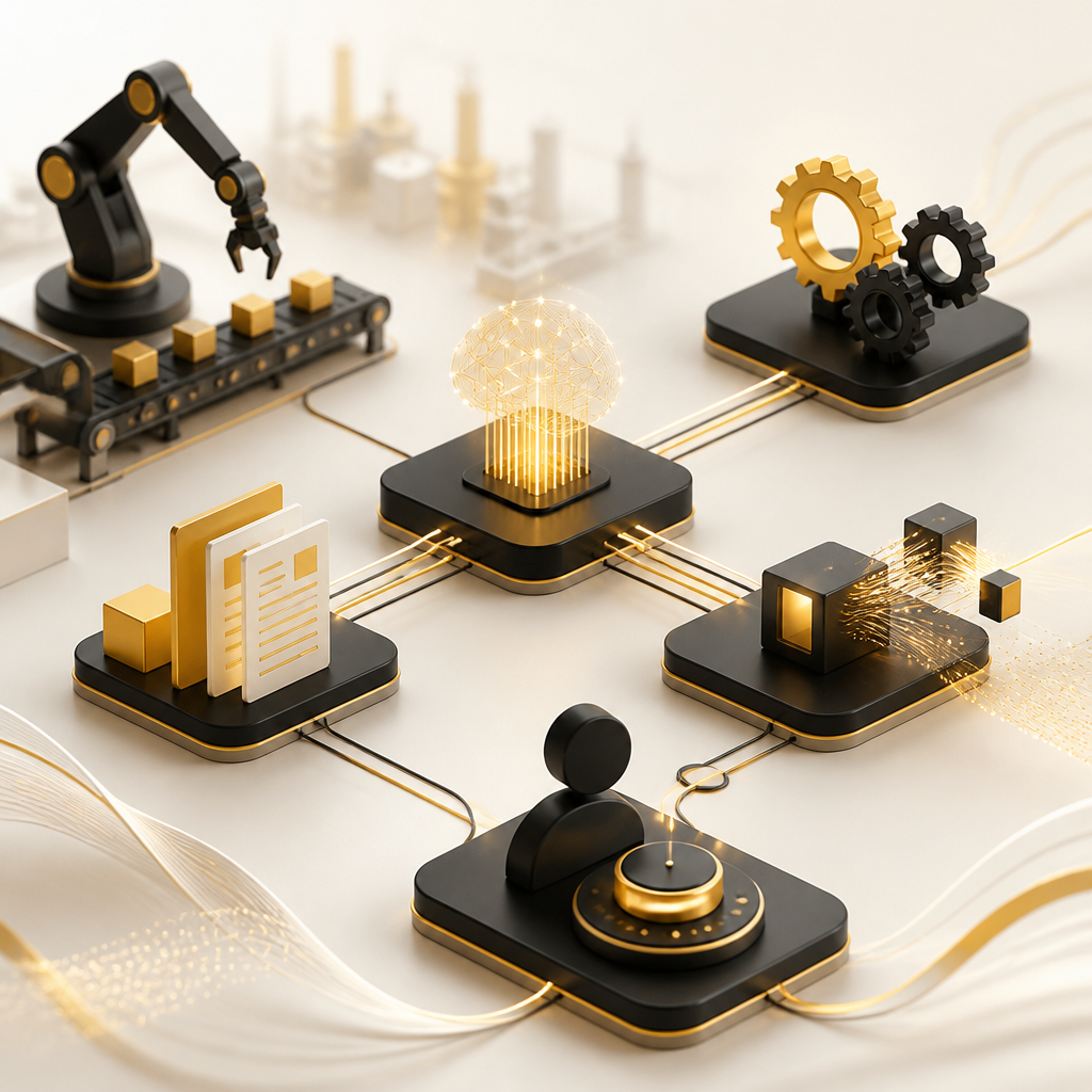 Abstract manufacturing workflow with connected automation nodes and flowing data links in warm gold and near-white tones.