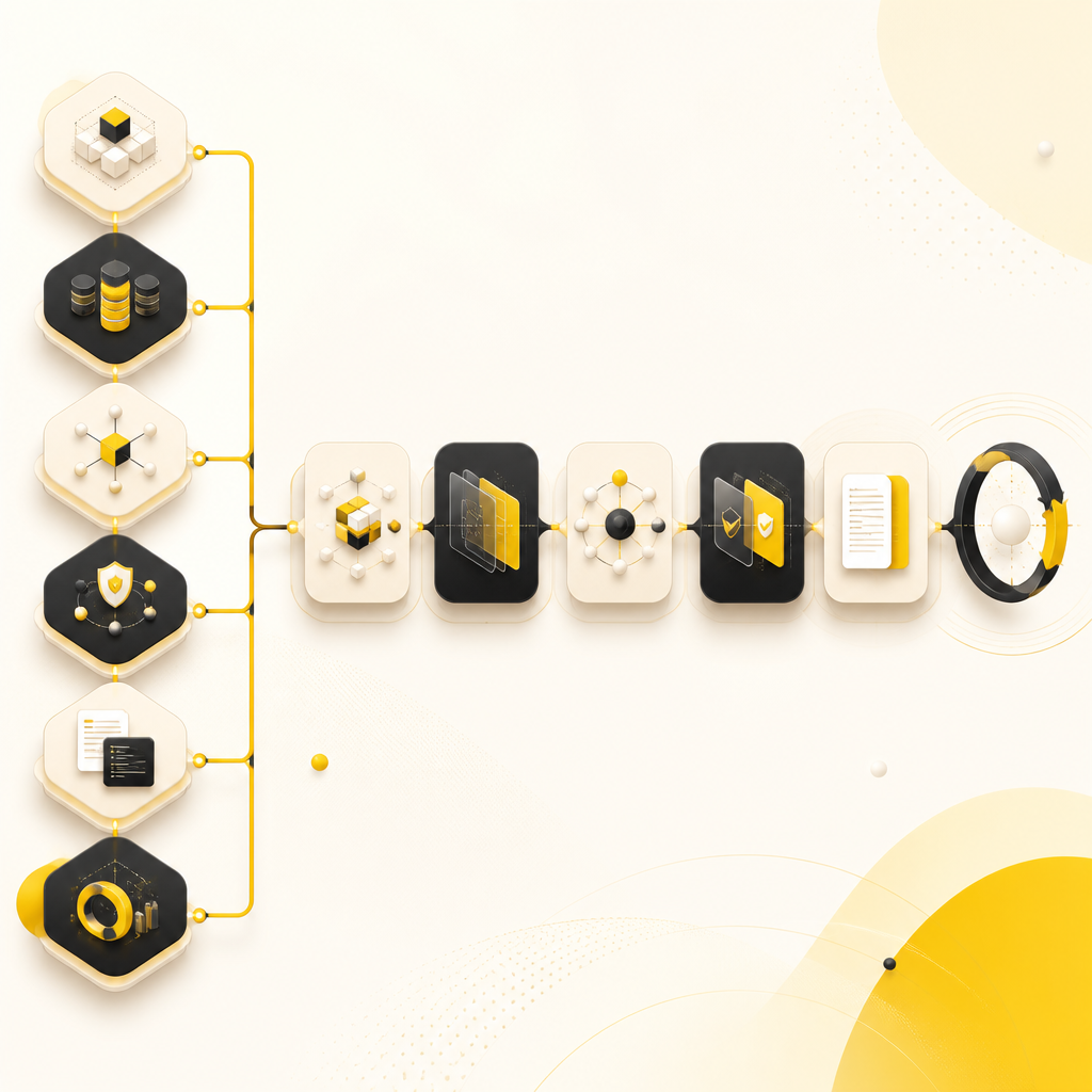Wide editorial composition illustrating a workflow setup journey with abstract blocks for schema, environments, integrations, permissions, developer documentation, and observability using brand accent colors, with no readable text.