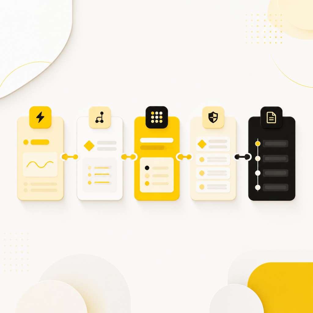 Editorial wide depiction of configurable workflow stages as connected color-coded cards on a light background with brand accent tones, with no readable text.