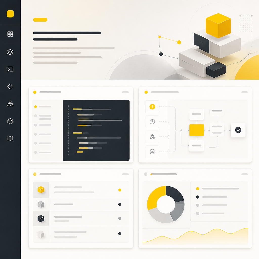 Wide editorial depiction of a developer documentation hub with abstract panels for configuration, triggers, and API-style sections using brand accent colors, with no readable text.