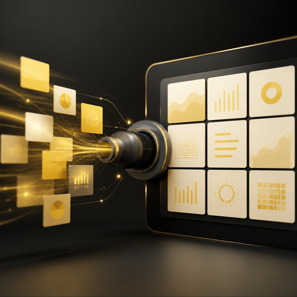 An abstract editorial scene showing automated reporting tiles flowing through a structured pipeline with warm gold highlights and clean neutral backgrounds.