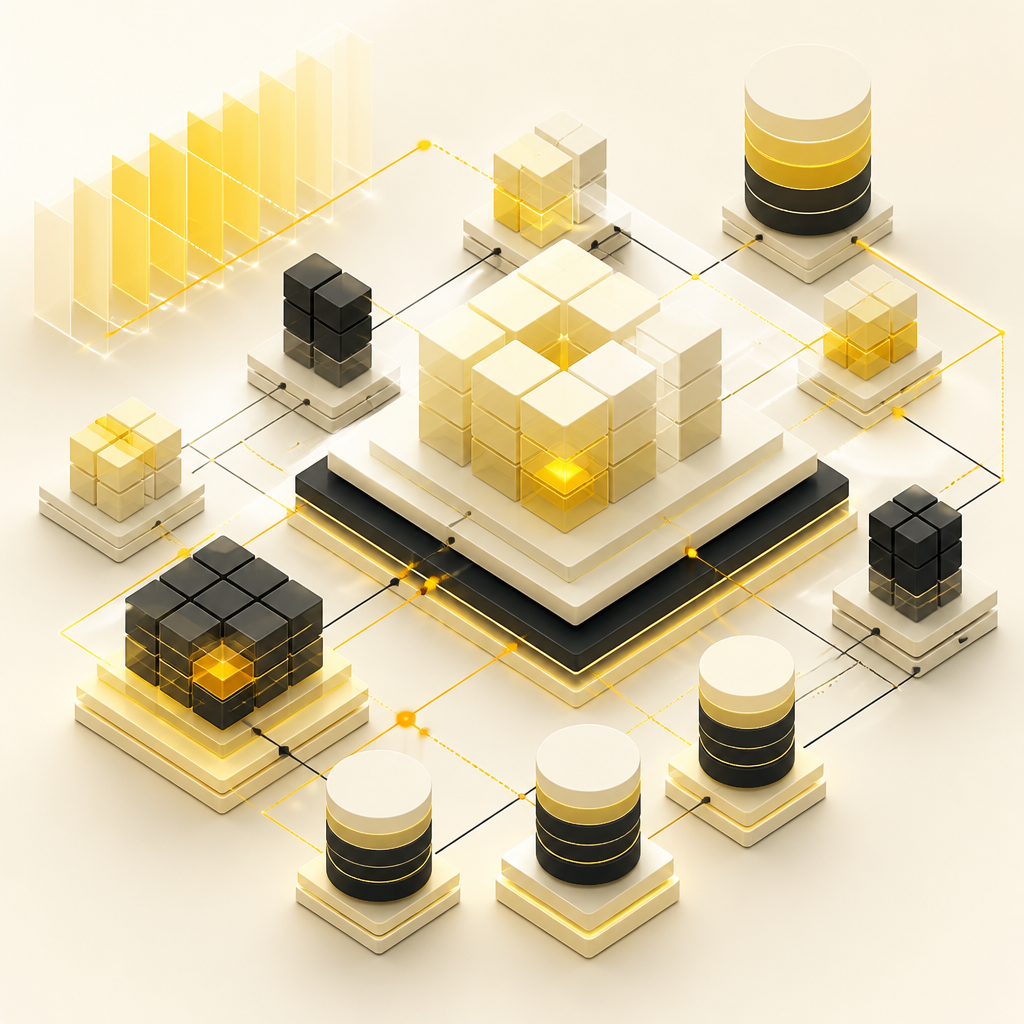 A stylized editorial composition representing dimensional data modeling with connected blocks and segmented time partitions using warm gold and neutral tones.