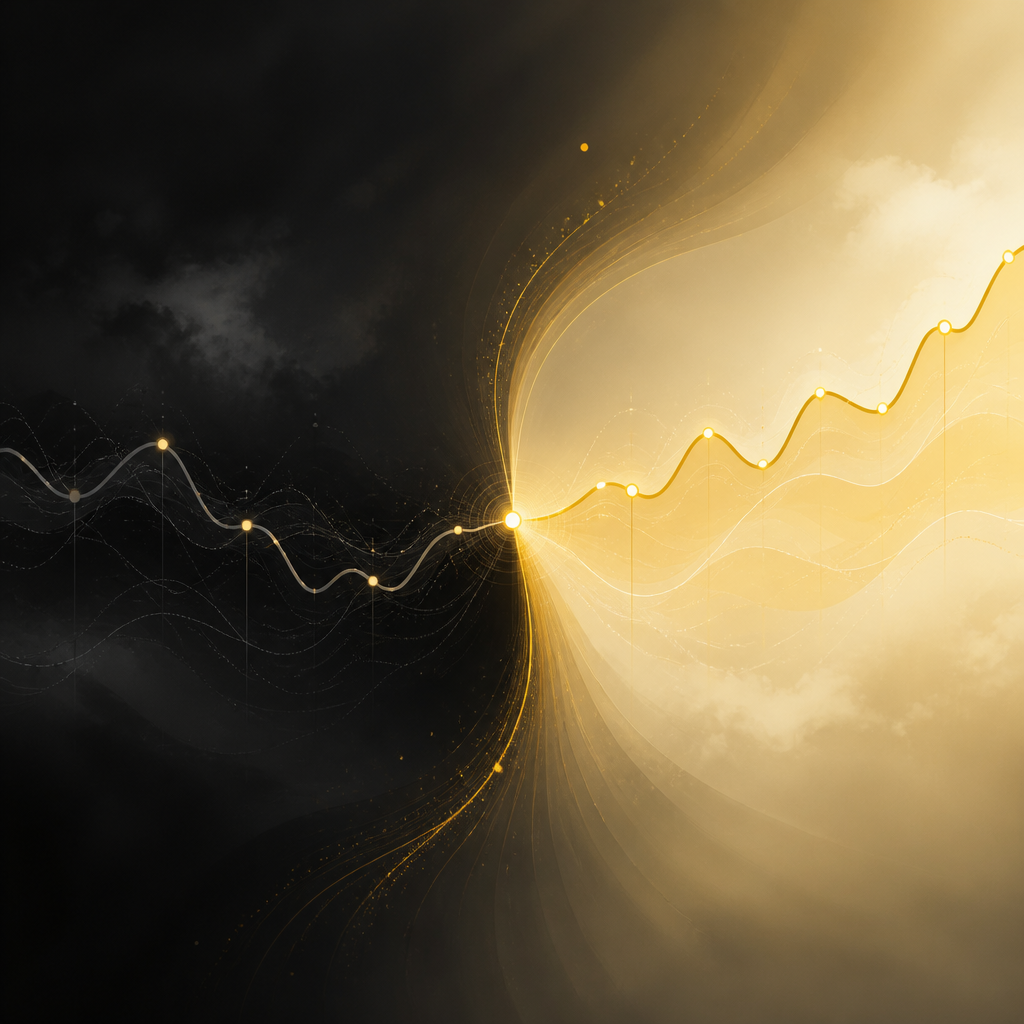 An abstract editorial timeline scene showing before-and-after change alignment with warm gold event accents and neutral background tones.
