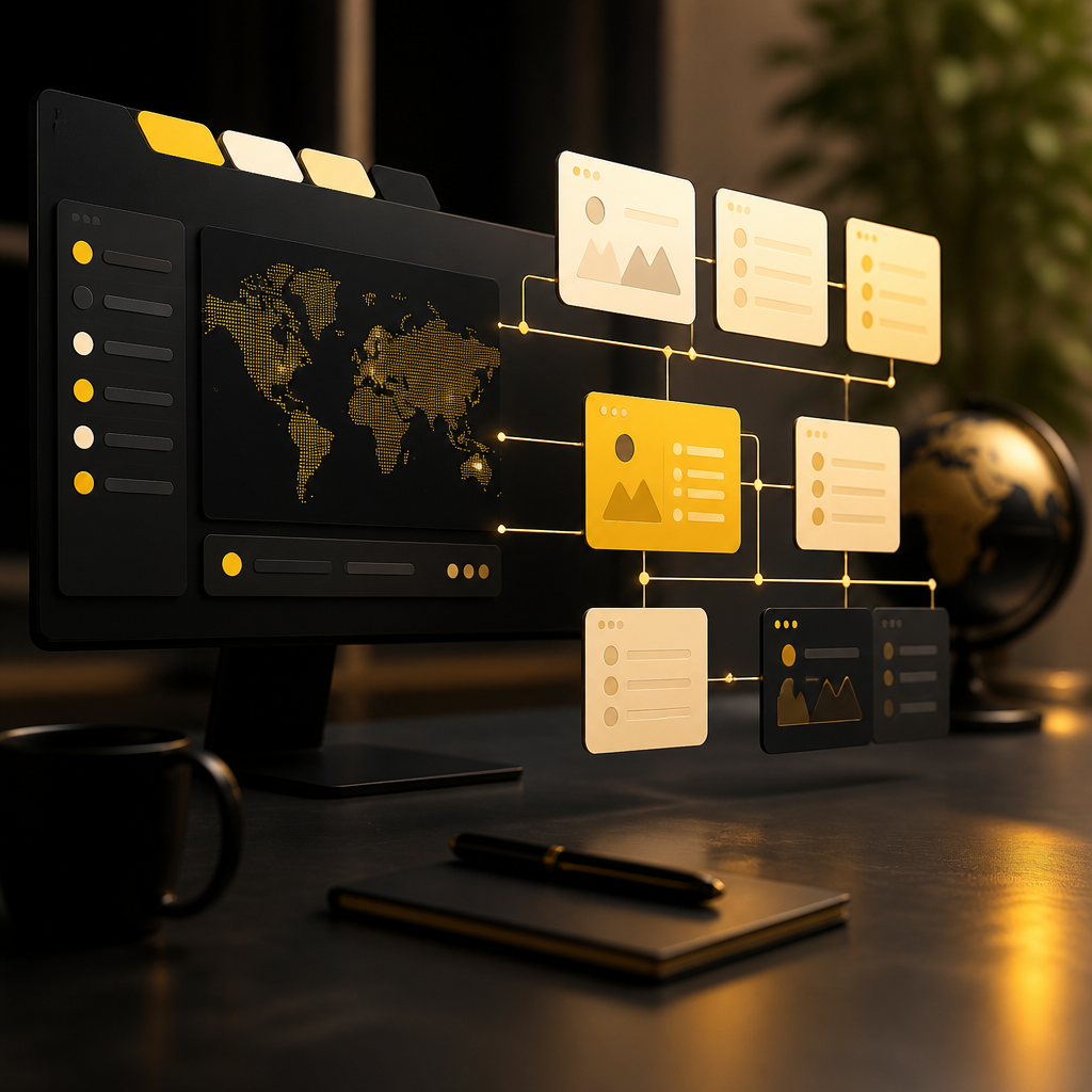 Abstract layered web interface panels connected by glowing lines to represent multilingual localization structure and workflows without readable text.