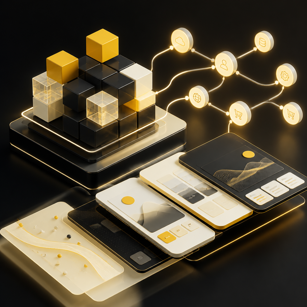 Glowing interconnected modular components representing scalable web app and API integration services without any readable text.