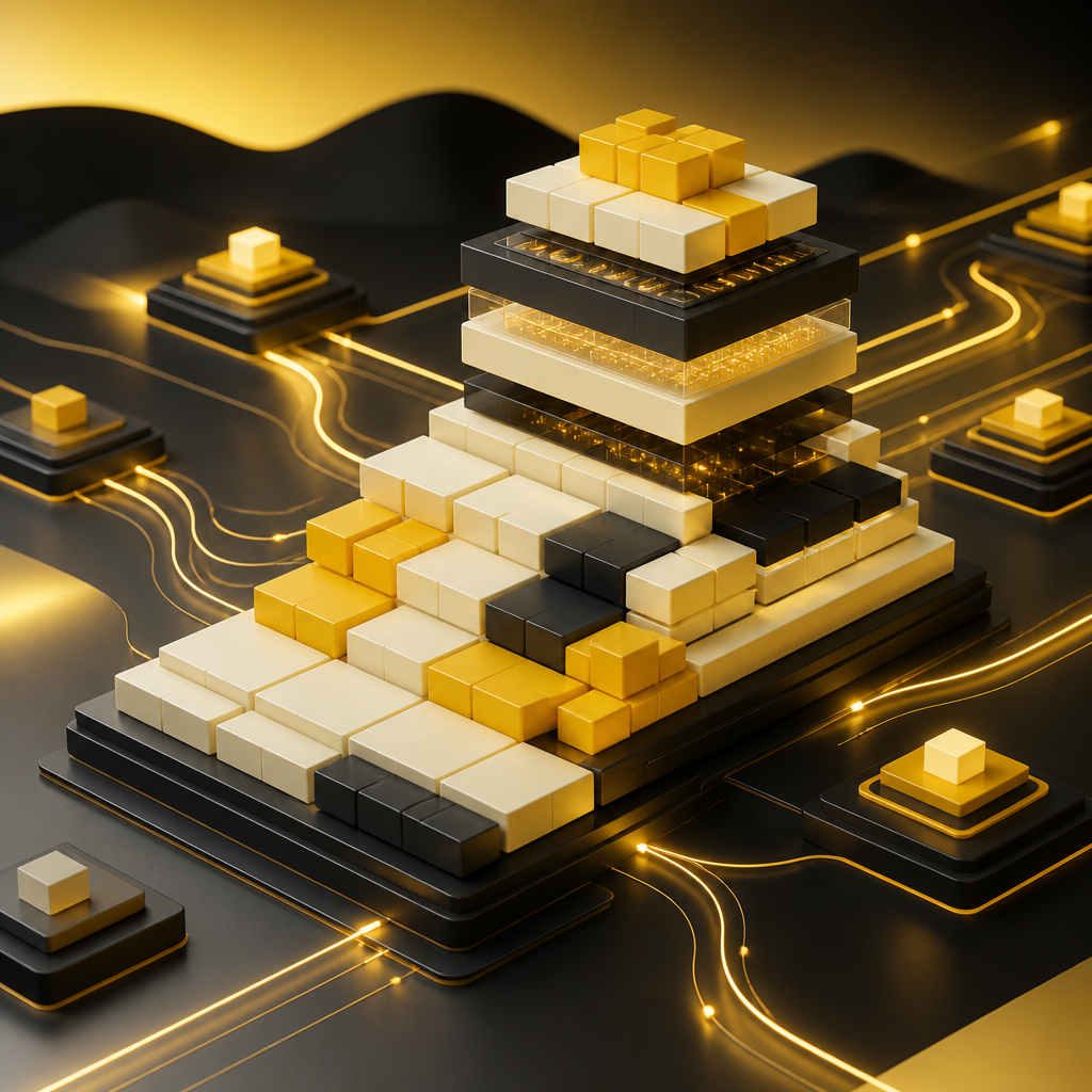 Modular interconnected foundation structures that visually represent maintainable, integration-ready, automation-capable digital infrastructure without readable text.