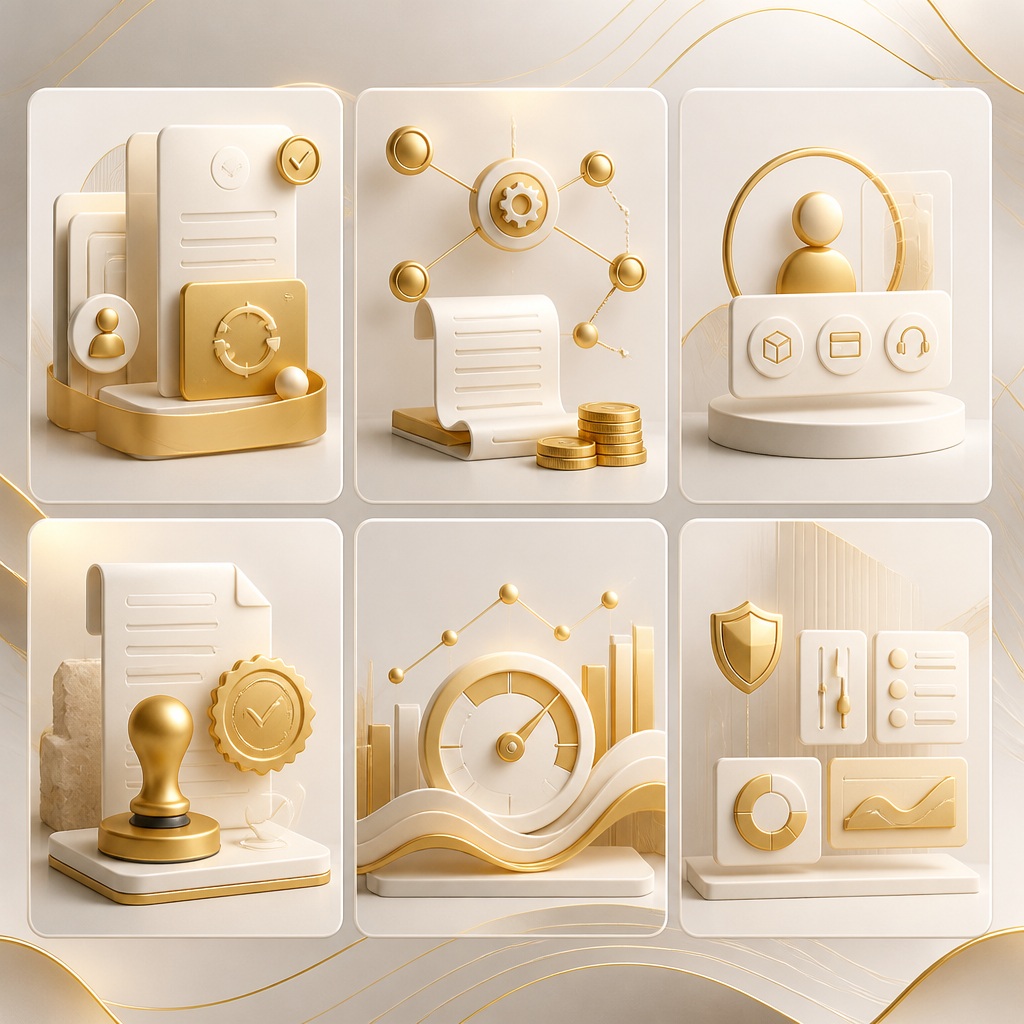Wide editorial modular layout symbolizing subscription management, automated billing, customer portal access, tax handling, usage tracking, and admin oversight using text-free icons.